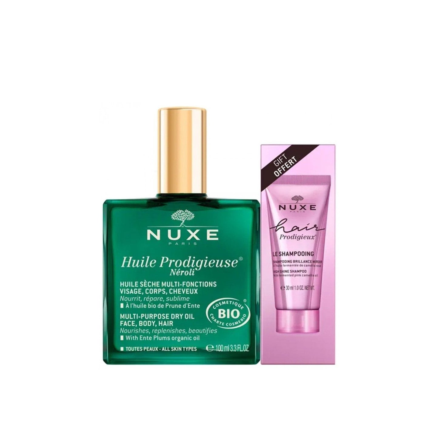 NUXE BIO Huile Prodigieuse Neroli Multi-Purpose Dry Oil 100ml + Hair Prodigieux High Shine Shampoo 30ml . - FLOCALLY