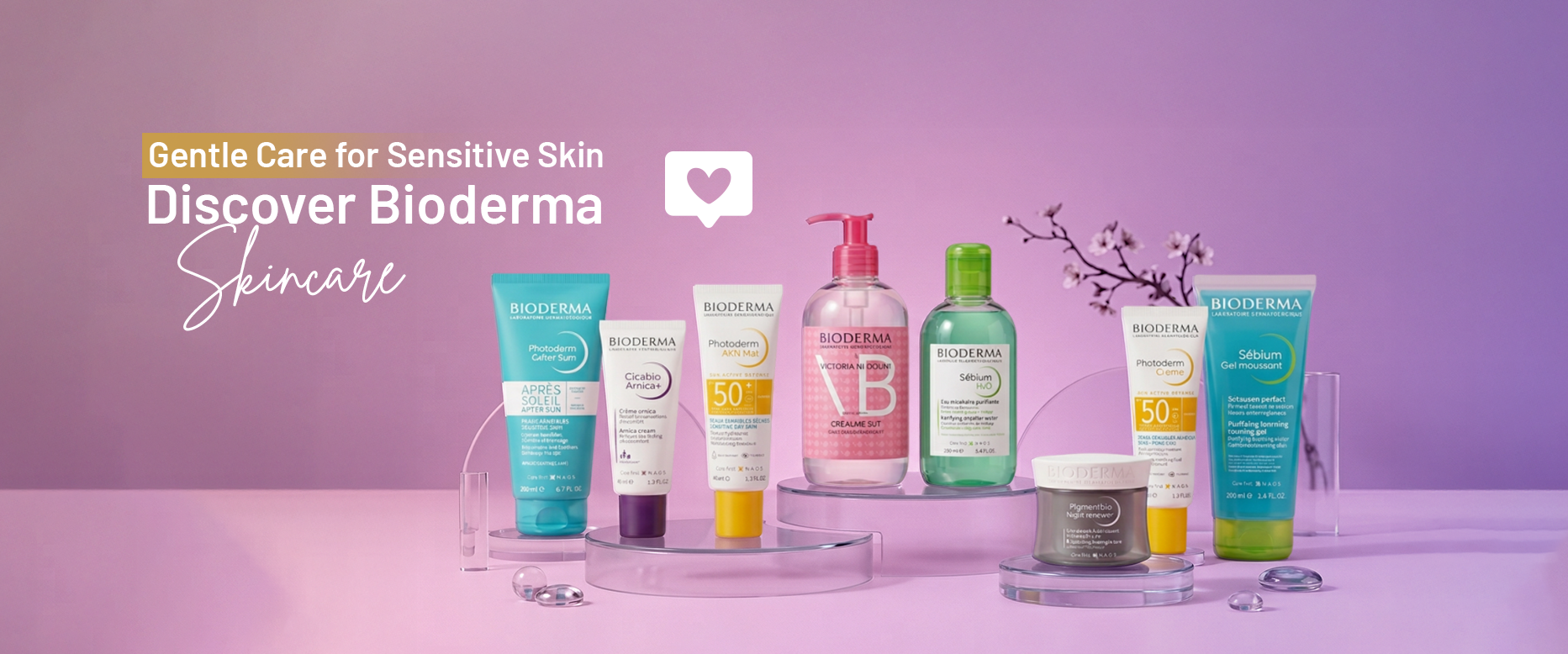 Bioderma skincare products on a purple background with text promoting gentle care for sensitive skin.