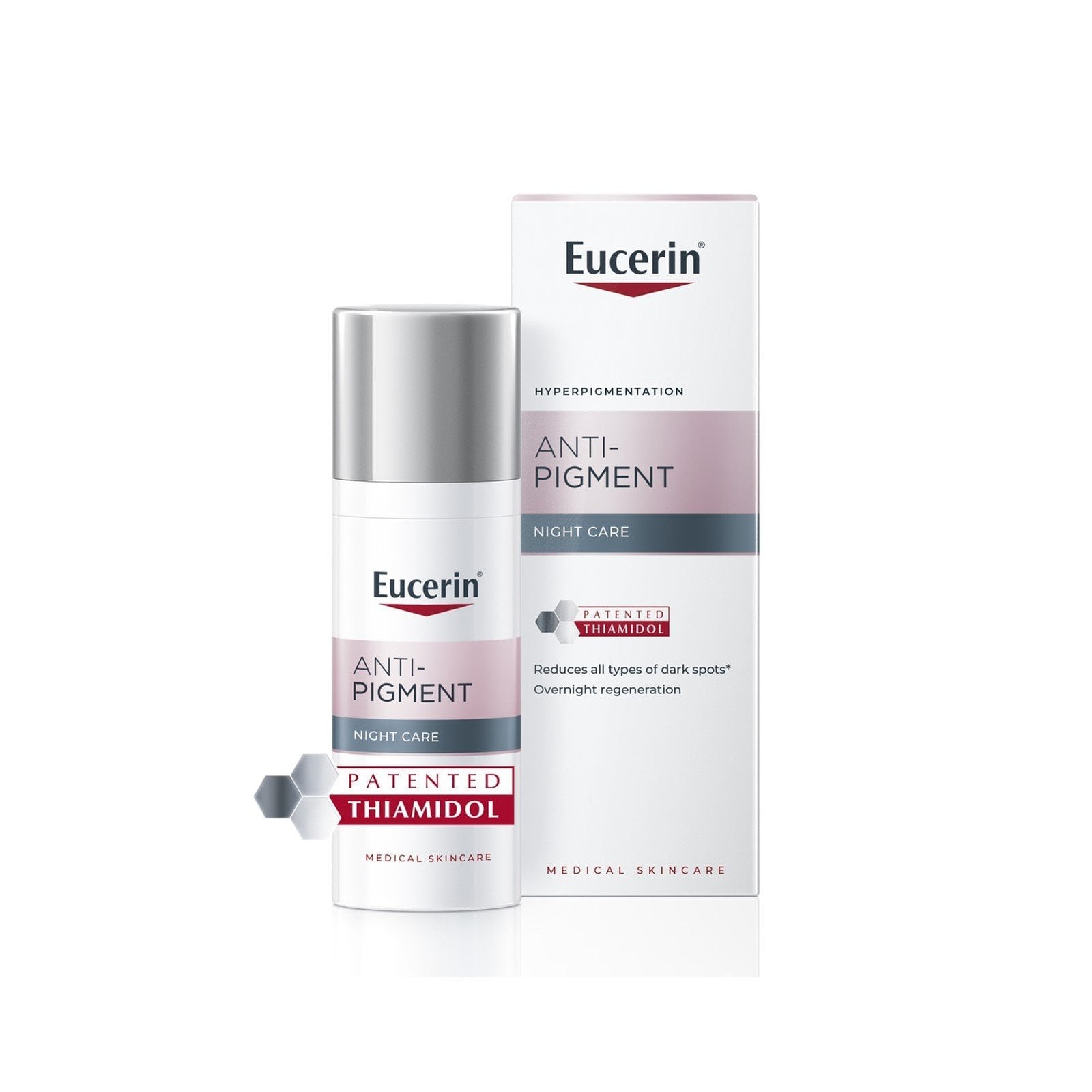 Eucerin Anti-Pigment night care cream and packaging on a white background