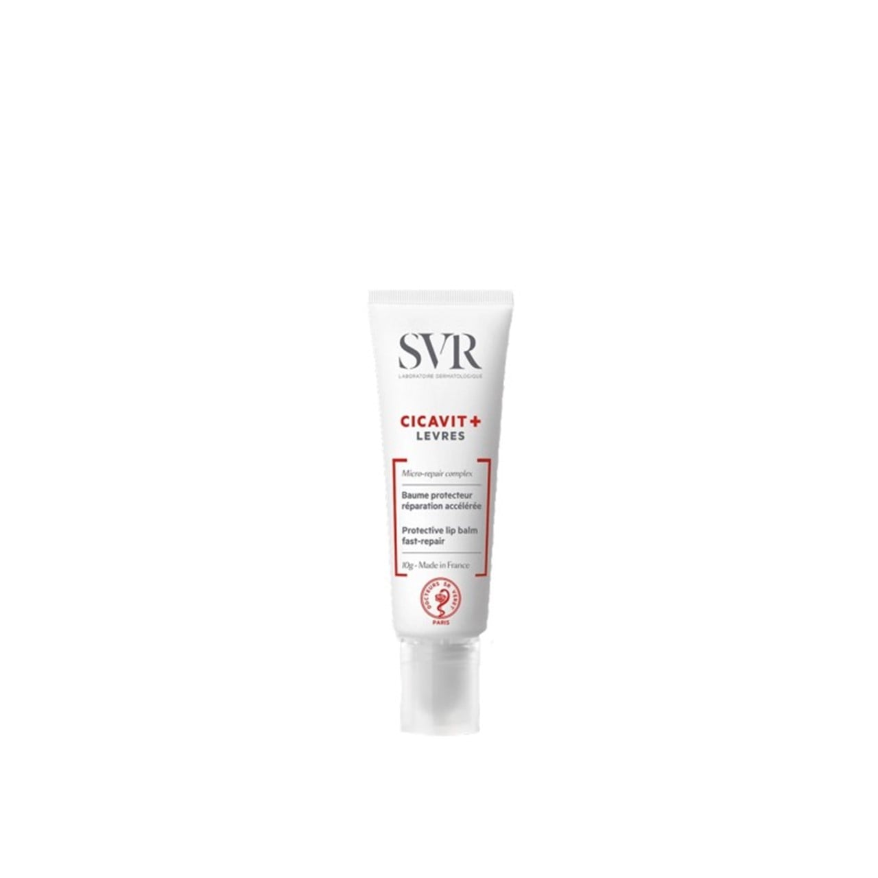 Tube of SVR Cicavit+ Levees lip balm on a white background
