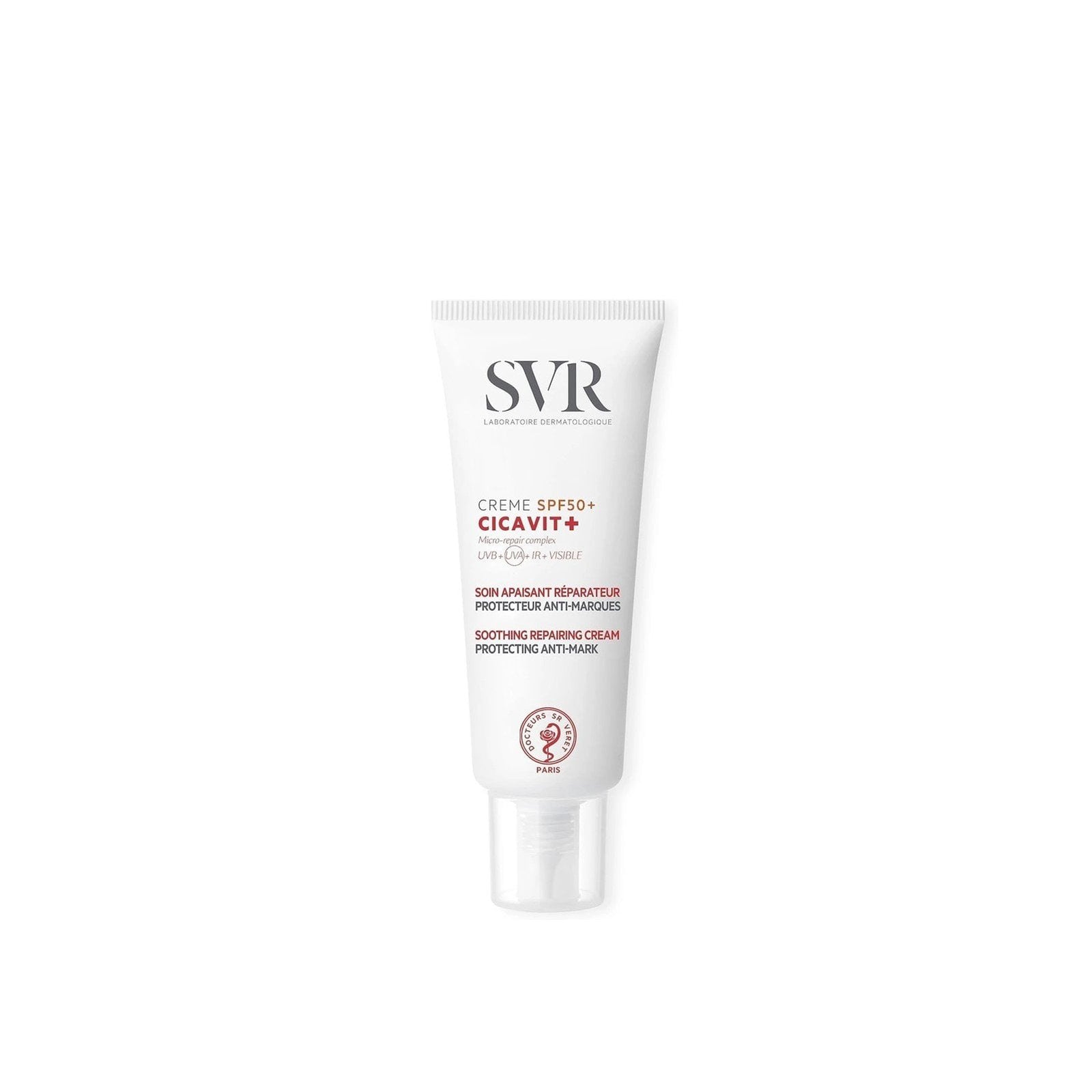 Tube of SVR Cicavit+ cream on a white background