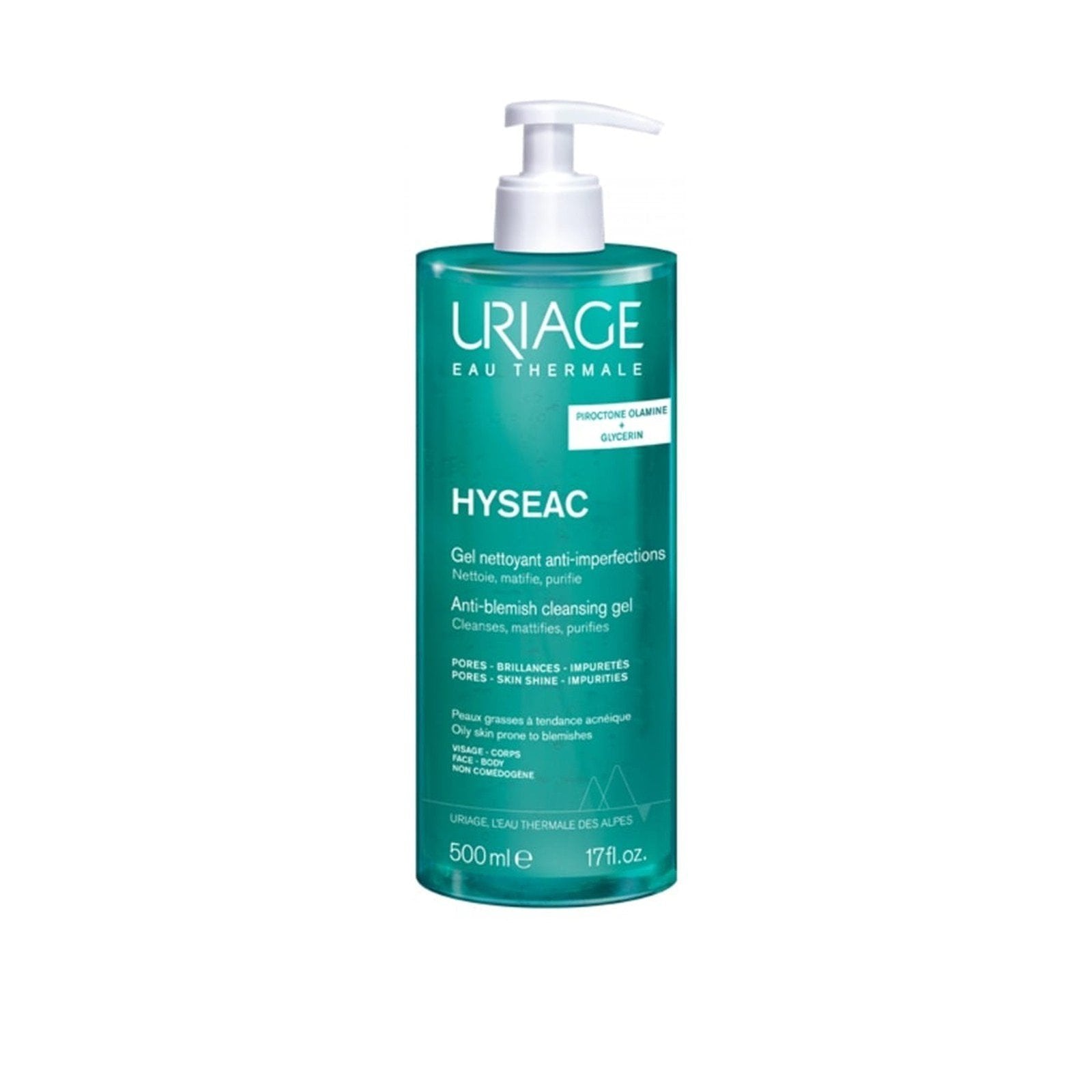 Uriage Hyseac cleansing gel bottle on a white background